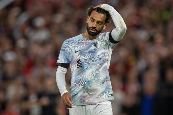 MANCHESTER, ENGLAND - Monday, August 22, 2022: Liverpool's Mohamed Salah looks dejected during the FA Premier League match between Manchester United FC and Liverpool FC at Old Trafford. (Pic by David Rawcliffe/Propaganda)