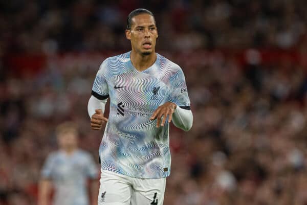 MANCHESTER, ENGLAND - Monday, August 22, 2022: Liverpool's Virgil van Dijk during the FA Premier League match between Manchester United FC and Liverpool FC at Old Trafford. (Pic by David Rawcliffe/Propaganda)