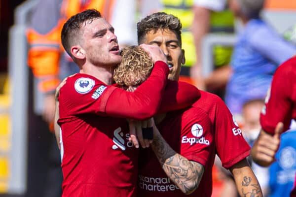 LIVERPOOL, ENGLAND - Saturday, August 27, 2022: Liverpool's Harvey Elliott (C) celebrates after scoring the second goal during the FA Premier League match between Liverpool FC and AFC Bournemouth at Anfield. (Pic by David Rawcliffe/Propaganda)