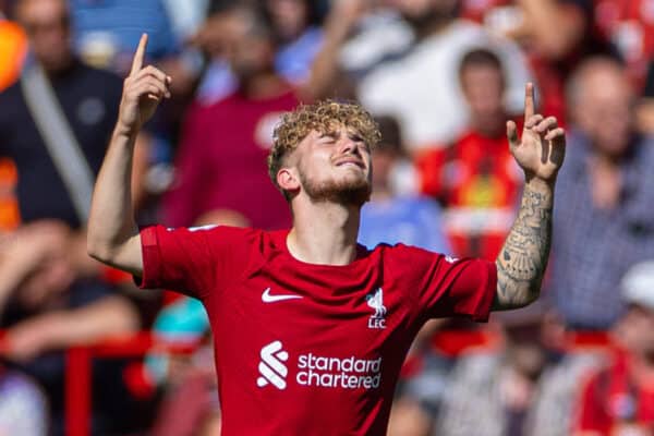 LIVERPOOL, ENGLAND - Saturday, August 27, 2022: Liverpool's Harvey Elliott celebrates after scoring the second goal during the FA Premier League match between Liverpool FC and AFC Bournemouth at Anfield. (Pic by David Rawcliffe/Propaganda)