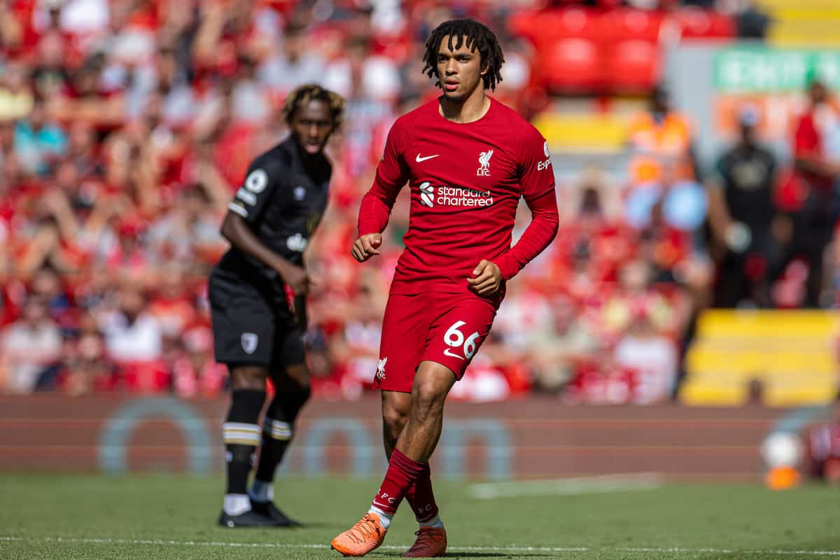 LIVERPOOL, ENGLAND - Saturday, August 27, 2022: Liverpool's Trent Alexander-Arnold during the FA Premier League match between Liverpool FC and AFC Bournemouth at Anfield. (Pic by David Rawcliffe/Propaganda)