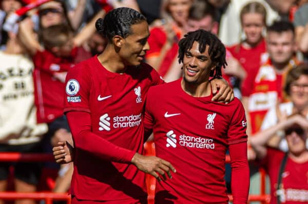 LIVERPOOL, ENGLAND - Saturday, August 27, 2022: Liverpool's Trent Alexander-Arnold (R) celebrates with team-mate Virgil van Dijk after scoring the third goal during the FA Premier League match between Liverpool FC and AFC Bournemouth at Anfield. (Pic by David Rawcliffe/Propaganda)