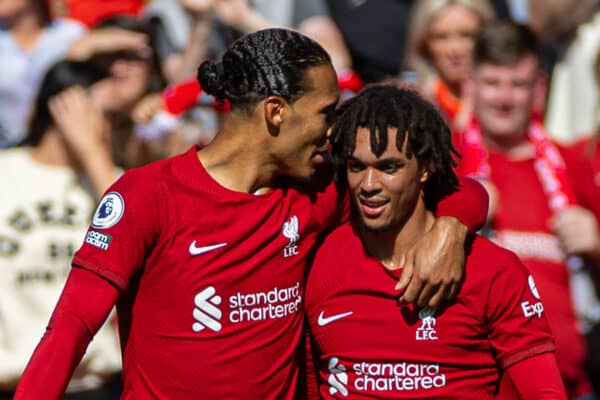 LIVERPOOL, ENGLAND - Saturday, August 27, 2022: Liverpool's Trent Alexander-Arnold (R) celebrates with team-mate Virgil van Dijk after scoring the third goal during the FA Premier League match between Liverpool FC and AFC Bournemouth at Anfield. (Pic by David Rawcliffe/Propaganda)