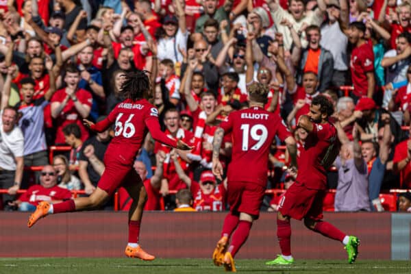 LIVERPOOL, ENGLAND - Saturday, August 27, 2022: Liverpool's Trent Alexander-Arnold celebrates after scoring the third goal during the FA Premier League match between Liverpool FC and AFC Bournemouth at Anfield. (Pic by David Rawcliffe/Propaganda)