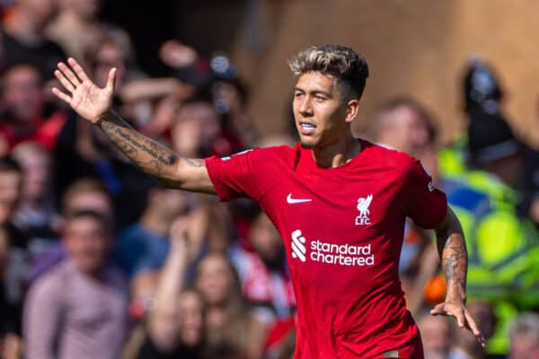 LIVERPOOL, ENGLAND - Saturday, August 27, 2022: Liverpool's Roberto Firmino celebrates after scoring the fourth goal during the FA Premier League match between Liverpool FC and AFC Bournemouth at Anfield. (Pic by David Rawcliffe/Propaganda)