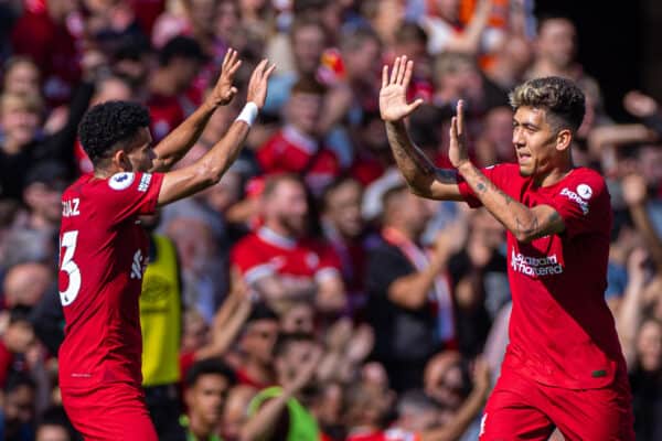 LIVERPOOL, ENGLAND - Saturday, August 27, 2022: Liverpool's Roberto Firmino (R) celebrates with team-mate Luis Díaz after scoring the fourth goal during the FA Premier League match between Liverpool FC and AFC Bournemouth at Anfield. (Pic by David Rawcliffe/Propaganda)