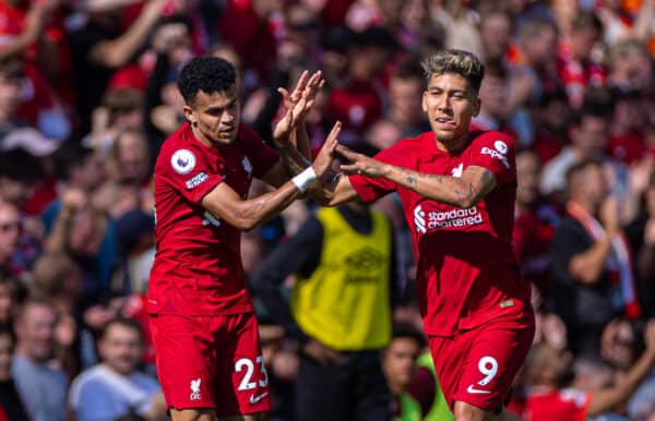 LIVERPOOL, ENGLAND - Saturday, August 27, 2022: Liverpool's Roberto Firmino (R) celebrates with team-mate Luis Díaz after scoring the fourth goal during the FA Premier League match between Liverpool FC and AFC Bournemouth at Anfield. (Pic by David Rawcliffe/Propaganda)