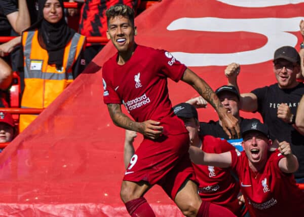 LIVERPOOL, ENGLAND - Saturday, August 27, 2022: Liverpool's Roberto Firmino celebrates after scoring the fourth goal during the FA Premier League match between Liverpool FC and AFC Bournemouth at Anfield. (Pic by David Rawcliffe/Propaganda)