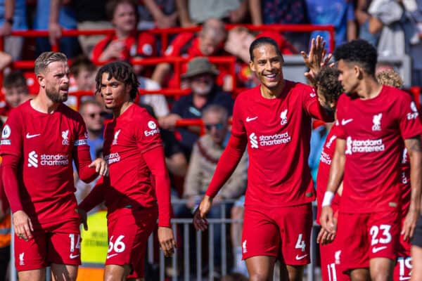 LIVERPOOL, ENGLAND - Saturday, August 27, 2022: Liverpool's Virgil van Dijk celebrates after scoring the fifth goal during the FA Premier League match between Liverpool FC and AFC Bournemouth at Anfield. (Pic by David Rawcliffe/Propaganda)