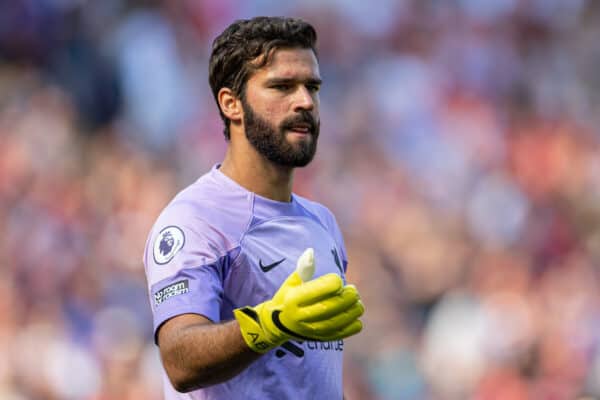 LIVERPOOL, ENGLAND - Saturday, August 27, 2022: Liverpool's goalkeeper Alisson Becker during the FA Premier League match between Liverpool FC and AFC Bournemouth at Anfield. (Pic by David Rawcliffe/Propaganda)