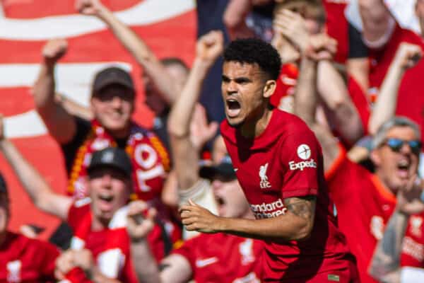 LIVERPOOL, ENGLAND - Saturday, August 27, 2022: Liverpool's Luis Díaz celebrates after scoring the first goal during the FA Premier League match between Liverpool FC and AFC Bournemouth at Anfield. (Pic by David Rawcliffe/Propaganda)