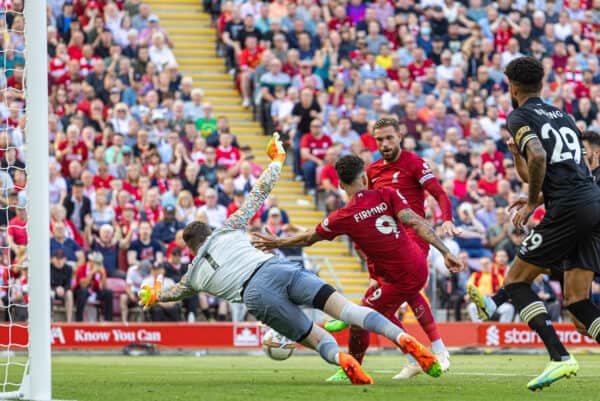 LIVERPOOL, ENGLAND - Saturday, August 27, 2022: Liverpool's Luis Díaz scores the seventh goal during the FA Premier League match between Liverpool FC and AFC Bournemouth at Anfield. (Pic by David Rawcliffe/Propaganda)