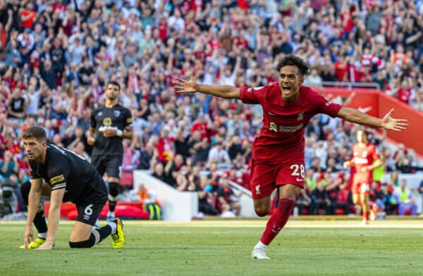 LIVERPOOL, ENGLAND - Saturday, August 27, 2022: Liverpool's Fábio Carvalho celebrates after scoring the eighth goal during the FA Premier League match between Liverpool FC and AFC Bournemouth at Anfield. (Pic by David Rawcliffe/Propaganda)