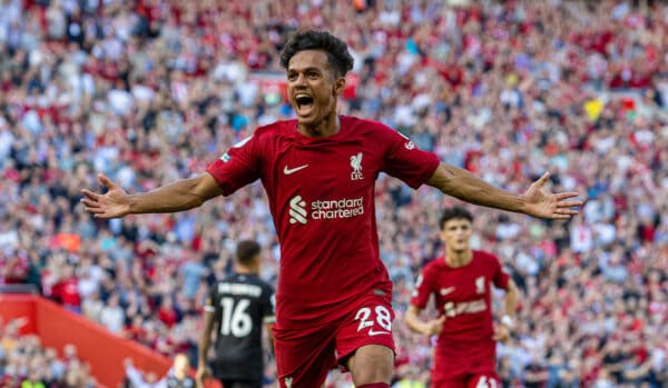 LIVERPOOL, ENGLAND - Saturday, August 27, 2022: Liverpool's Fábio Carvalho celebrates after scoring the eighth goal during the FA Premier League match between Liverpool FC and AFC Bournemouth at Anfield. (Pic by David Rawcliffe/Propaganda)