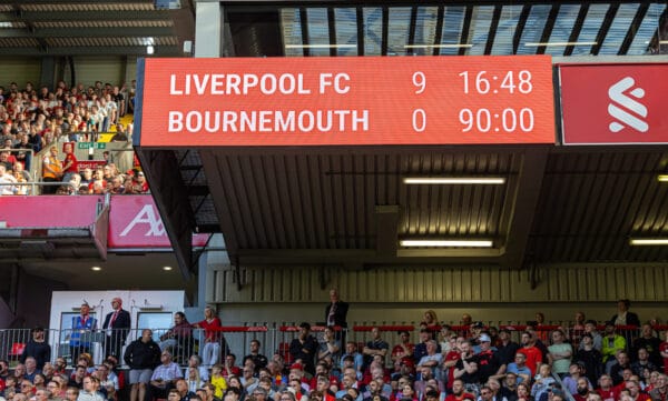 LIVERPOOL, ENGLAND - Saturday, August 27, 2022: Liverpool's scoreboard records 9-0 during the FA Premier League match between Liverpool FC and AFC Bournemouth at Anfield. (Pic by David Rawcliffe/Propaganda)