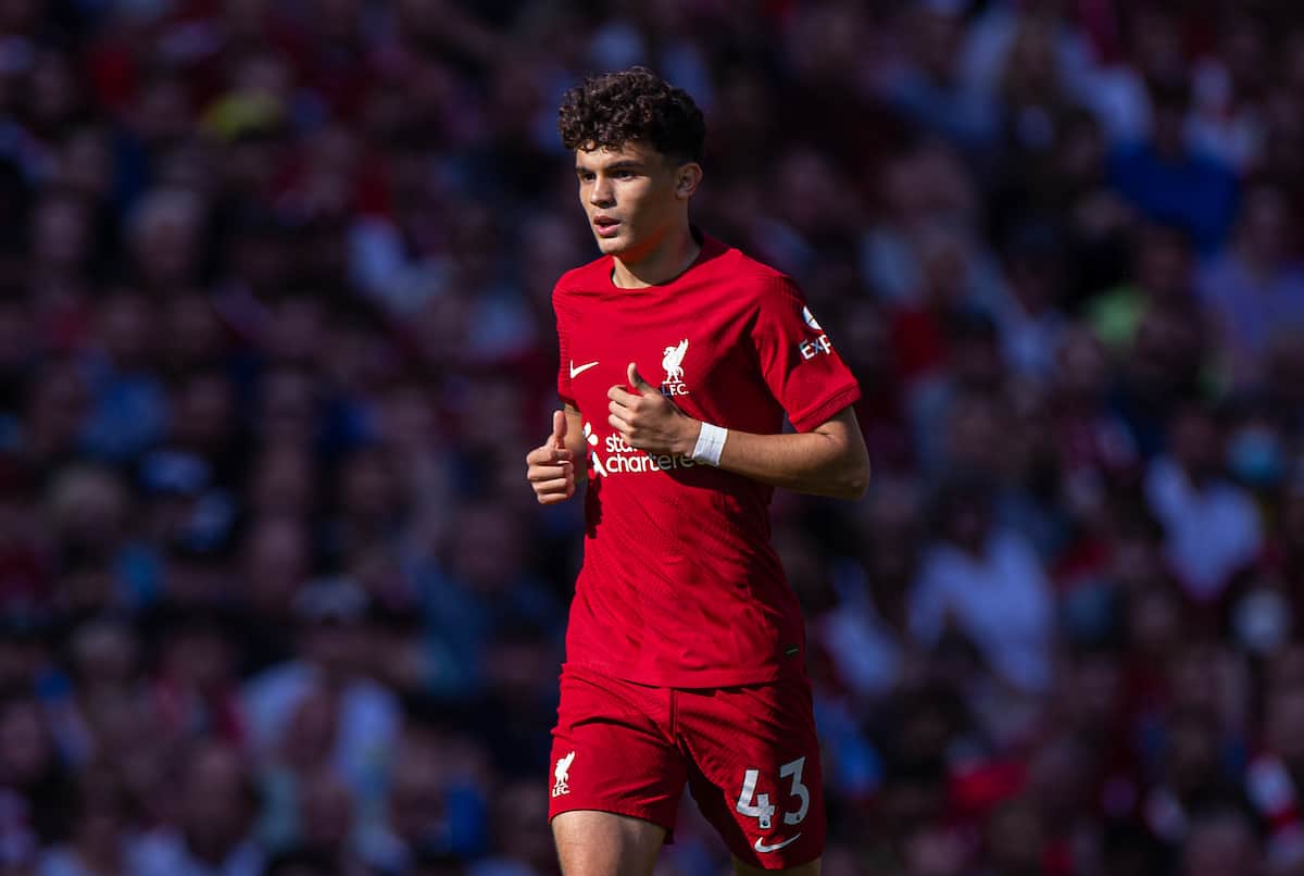 LIVERPOOL, ENGLAND - Saturday, August 27, 2022: Liverpool's Stefan Bajcetic during the FA Premier League match between Liverpool FC and AFC Bournemouth at Anfield. (Pic by David Rawcliffe/Propaganda)