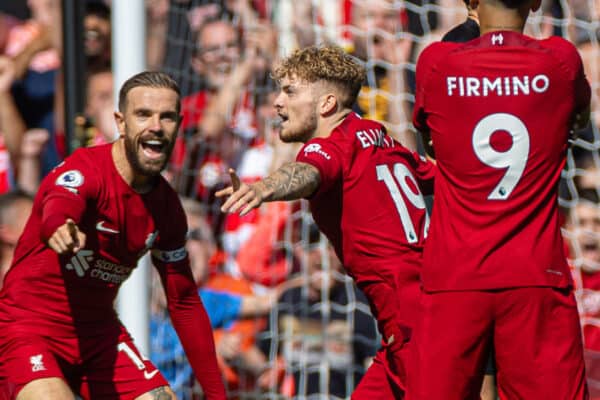 LIVERPOOL, ENGLAND - Saturday, August 27, 2022: Liverpool's Harvey Elliott (R) celebrates after scoring the second goal during the FA Premier League match between Liverpool FC and AFC Bournemouth at Anfield. (Pic by David Rawcliffe/Propaganda)