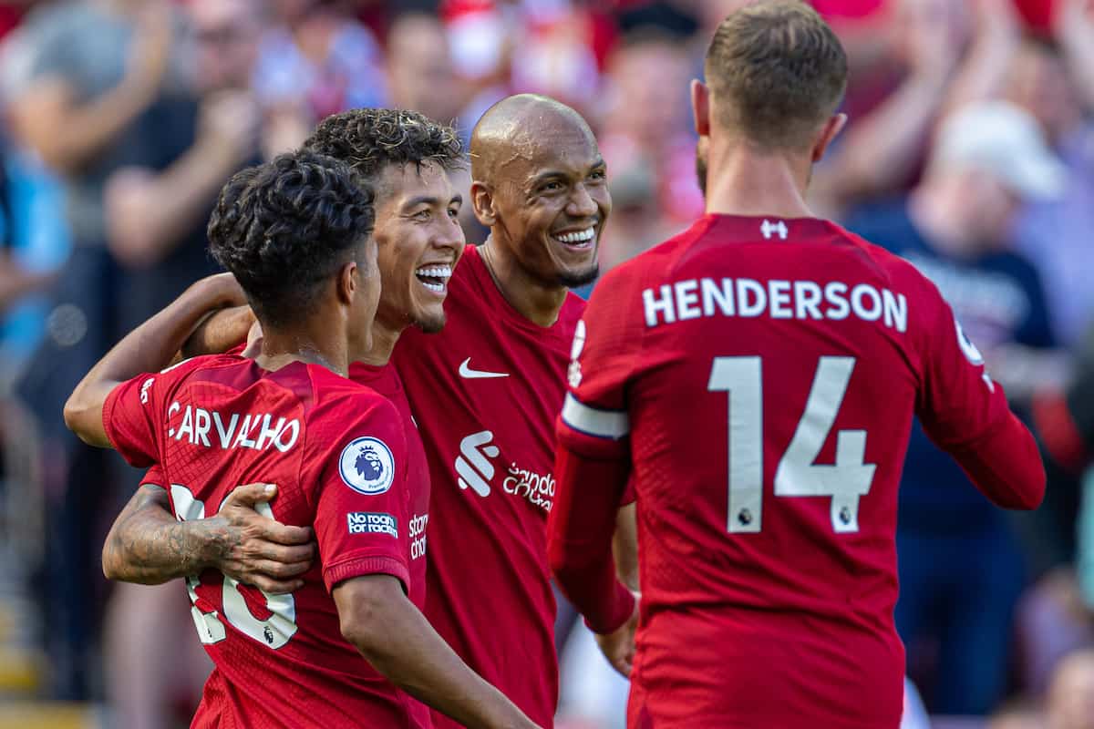 LIVERPOOL, ENGLAND - Saturday, August 27, 2022: Liverpool's Roberto Firmino (C) celebrates with team-mates Fábio Carvalho (L) and Fabio Henrique Tavares 'Fabinho' (R) after scoring the seventh goal during the FA Premier League match between Liverpool FC and AFC Bournemouth at Anfield. Liverpool won 9-0. (Pic by David Rawcliffe/Propaganda)