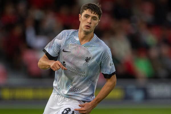 SALFORD, ENGLAND - Tuesday, August 30, 2022: Liverpool's Leyton Stewart during the English Football League Trophy Northern Group D match between Salford City FC and Liverpool FC Under-21's at Moor Lane. (Pic by David Rawcliffe/Propaganda)