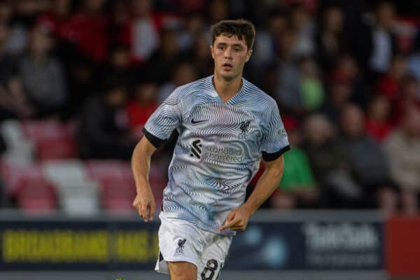 SALFORD, ENGLAND - Tuesday, August 30, 2022: Liverpool's Leyton Stewart during the English Football League Trophy Northern Group D match between Salford City FC and Liverpool FC Under-21's at Moor Lane. (Pic by David Rawcliffe/Propaganda)