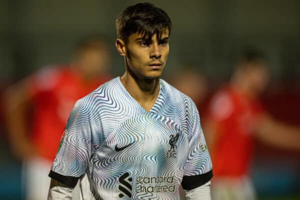 SALFORD, ENGLAND - Tuesday, August 30, 2022: Liverpool's substitute Oakley Cannonier during the English Football League Trophy Northern Group D match between Salford City FC and Liverpool FC Under-21's at Moor Lane. (Pic by David Rawcliffe/Propaganda)