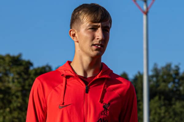 SALFORD, ENGLAND - Tuesday, August 30, 2022: Liverpool's Max Woltman (L) and goalkeeper Harvey Davies during the English Football League Trophy Northern Group D match between Salford City FC and Liverpool FC Under-21's at Moor Lane. (Pic by David Rawcliffe/Propaganda)