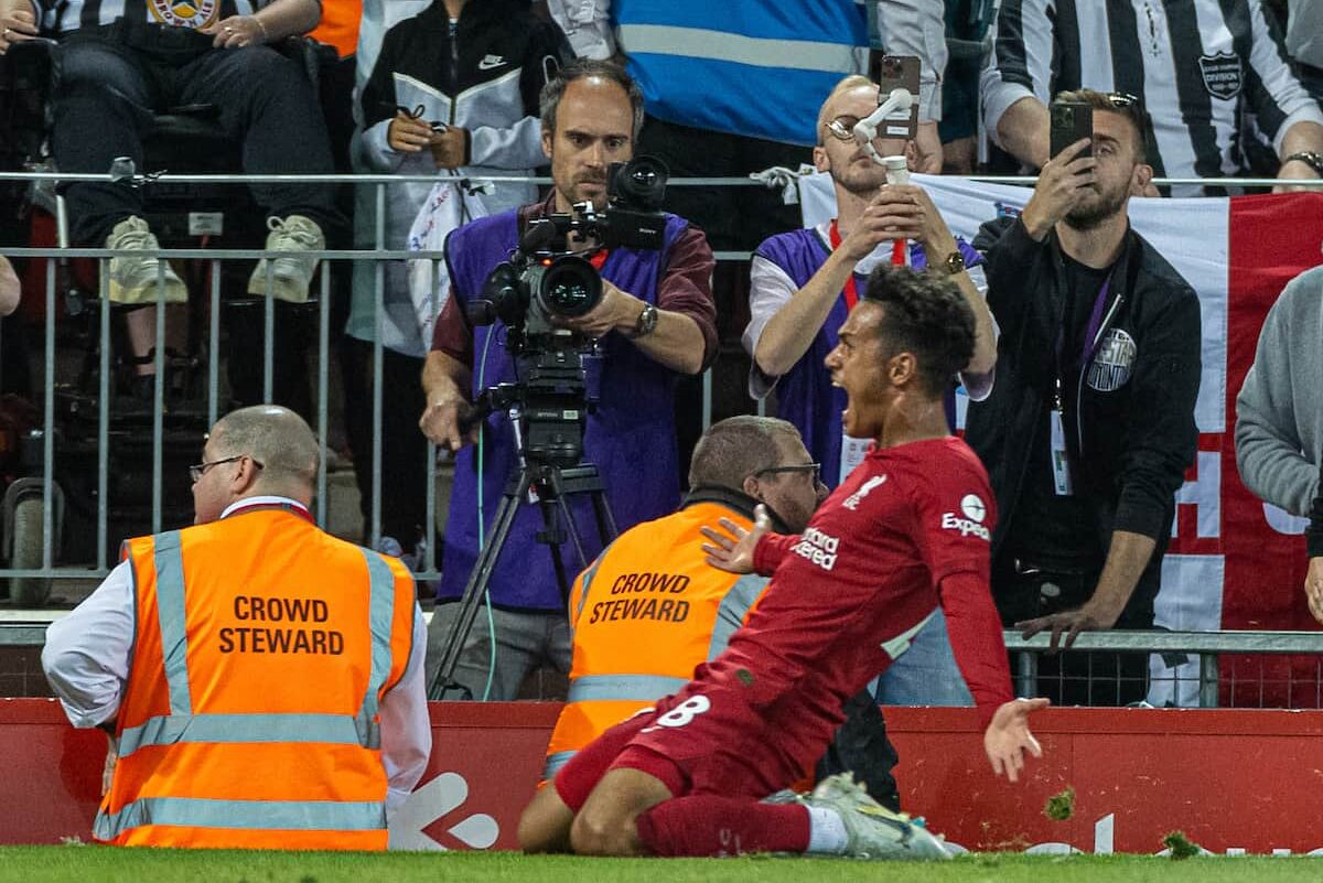 LIVERPOOL, ENGLAND - Wednesday, August 31, 2022: Liverpool's Fábio Carvalho celebrates after scoring the winning second goal in the 95th minute of injury time during the FA Premier League match between Liverpool FC and Newcastle United FC at Anfield. Liverpool won 2-1. (Pic by David Rawcliffe/Propaganda)