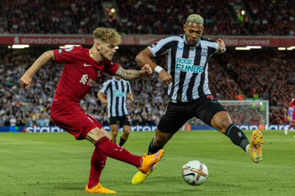 LIVERPOOL, ENGLAND - Wednesday, August 31, 2022: Liverpool's Harvey Elliott (L) during the FA Premier League match between Liverpool FC and Newcastle United FC at Anfield. (Pic by David Rawcliffe/Propaganda)