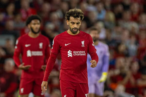 LIVERPOOL, ENGLAND - Wednesday, August 31, 2022: Liverpool's Mohamed Salah looks dejected as Newcastle United score the opening goal during the FA Premier League match between Liverpool FC and Newcastle United FC at Anfield. (Pic by David Rawcliffe/Propaganda)