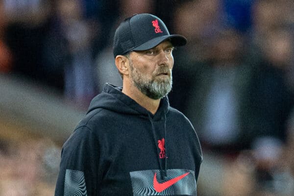 LIVERPOOL, ENGLAND - Wednesday, August 31, 2022: Liverpool's manager Jürgen Klopp during the FA Premier League match between Liverpool FC and Newcastle United FC at Anfield. (Pic by David Rawcliffe/Propaganda)