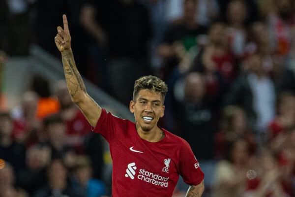 LIVERPOOL, ENGLAND - Wednesday, August 31, 2022: Liverpool's Roberto Firmino celebrates after scoring the first equalising goal during the FA Premier League match between Liverpool FC and Newcastle United FC at Anfield. (Pic by David Rawcliffe/Propaganda)