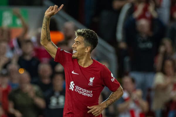 LIVERPOOL, ENGLAND - Wednesday, August 31, 2022: Liverpool's Roberto Firmino celebrates after scoring the first equalising goal during the FA Premier League match between Liverpool FC and Newcastle United FC at Anfield. (Pic by David Rawcliffe/Propaganda)