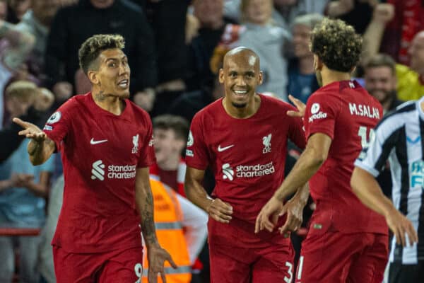 LIVERPOOL, ENGLAND - Wednesday, August 31, 2022: Liverpool's Roberto Firmino celebrates after scoring the first equalising goal during the FA Premier League match between Liverpool FC and Newcastle United FC at Anfield. (Pic by David Rawcliffe/Propaganda)