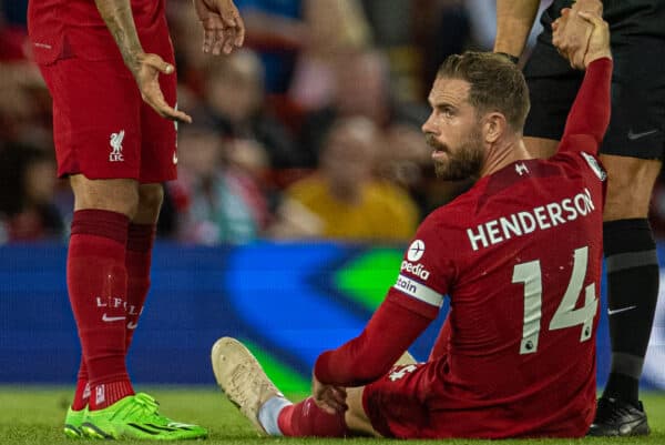 LIVERPOOL, ENGLAND - Wednesday, August 31, 2022: Liverpool's captain Jordan Henderson goes down with an injury during the FA Premier League match between Liverpool FC and Newcastle United FC at Anfield. (Pic by David Rawcliffe/Propaganda)