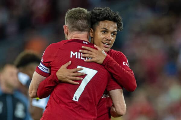 LIVERPOOL, ENGLAND - Wednesday, August 31, 2022: Liverpool's match-winning goal-scorer Fábio Carvalho celebrates with James Milner after the FA Premier League match between Liverpool FC and Newcastle United FC at Anfield. Liverpool won 2-1. (Pic by David Rawcliffe/Propaganda)