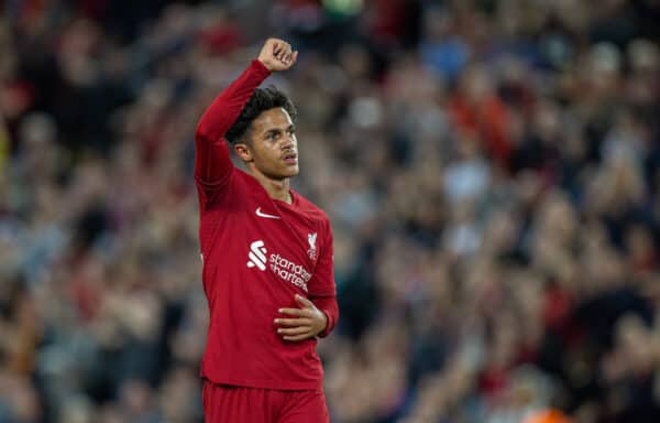 LIVERPOOL, ENGLAND - Wednesday, August 31, 2022: Liverpool's match-winning goal-scorer Fábio Carvalho celebrates after the FA Premier League match between Liverpool FC and Newcastle United FC at Anfield. Liverpool won 2-1. (Pic by David Rawcliffe/Propaganda)