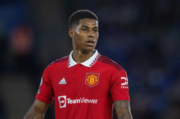 LEICESTER, ENGLAND - Thursday, September 1, 2022: Manchester United's Marcus Rashford during the FA Premier League match between Leicester City FC and Manchester United FC at the King Powe Stadium. (Pic by David Rawcliffe/Propaganda)