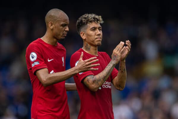 LIVERPOOL, ENGLAND - Saturday, September 3, 2022: Liverpool's Fabio Henrique Tavares 'Fabinho' (L) and Roberto Firmino applaud the supporters after the FA Premier League match between Everton FC and Liverpool FC, the 241st Merseyside Derby, at Goodison Park. (Pic by David Rawcliffe/Propaganda)