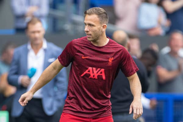 LIVERPOOL, ENGLAND - Saturday, September 3, 2022: Liverpool's new signing Arthur Melo during the pre-match warm-up before the FA Premier League match between Everton FC and Liverpool FC, the 241st Merseyside Derby, at Goodison Park. (Pic by David Rawcliffe/Propaganda)