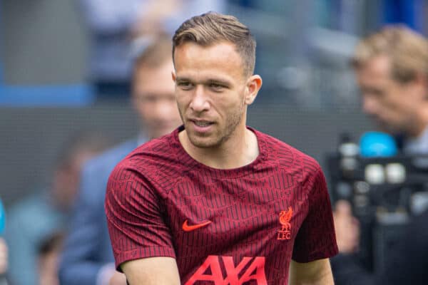 LIVERPOOL, ENGLAND - Saturday, September 3, 2022: Liverpool's new signing Arthur Melo during the pre-match warm-up before the FA Premier League match between Everton FC and Liverpool FC, the 241st Merseyside Derby, at Goodison Park. (Pic by David Rawcliffe/Propaganda)