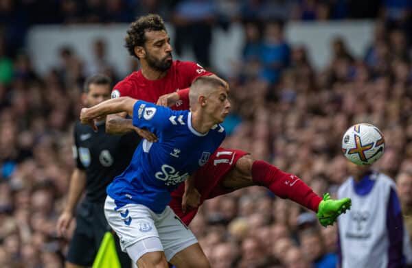 LIVERPOOL, ENGLAND - Saturday, September 3, 2022: Liverpool's Mohamed Salah (L) challenges Everton's Vitalii Mykolenko during the FA Premier League match between Everton FC and Liverpool FC, the 241st Merseyside Derby, at Goodison Park. (Pic by David Rawcliffe/Propaganda)