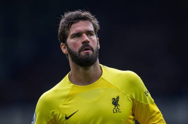 LIVERPOOL, ENGLAND - Saturday, September 3, 2022: Liverpool's goalkeeper Alisson Becker during the FA Premier League match between Everton FC and Liverpool FC, the 241st Merseyside Derby, at Goodison Park. (Pic by David Rawcliffe/Propaganda)