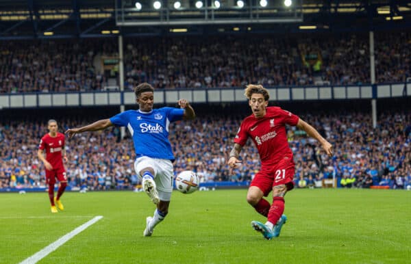 LIVERPOOL, ENGLAND - Saturday, September 3, 2022: Liverpool's Kostas Tsimikas (R) crosses the ball during the FA Premier League match between Everton FC and Liverpool FC, the 241st Merseyside Derby, at Goodison Park. (Pic by David Rawcliffe/Propaganda)