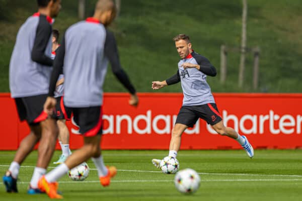 LIVERPOOL, Angleterre - mardi 6 septembre 2022 : Arthur Melo de Liverpool lors d'une séance d'entraînement au centre d'entraînement AXA avant le match de premier tour de la Ligue des champions de l'UEFA entre le FC Napoli et Liverpool.  (Photo David Rawcliffe/Propagande)