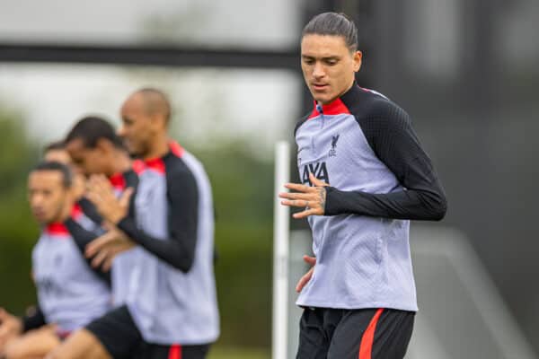 LIVERPOOL, ENGLAND - Tuesday, September 6, 2022: Liverpool's Darwin Núñez during a training session at the AXA Training Centre ahead of the UEFA Champions League Group A matchday 1 game between SSC Napoli and Liverpool FC. (Pic by David Rawcliffe/Propaganda)