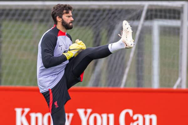 LIVERPOOL, ENGLAND - Tuesday, September 6, 2022: Liverpool's goalkeeper Alisson Becker during a training session at the AXA Training Centre ahead of the UEFA Champions League Group A matchday 1 game between SSC Napoli and Liverpool FC. (Pic by David Rawcliffe/Propaganda)