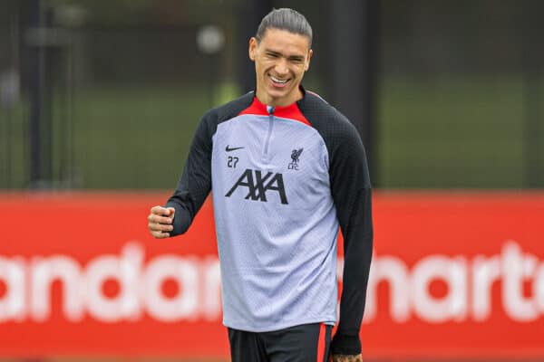 LIVERPOOL, ENGLAND - Tuesday, September 6, 2022: Liverpool's Darwin Núñez during a training session at the AXA Training Centre ahead of the UEFA Champions League Group A matchday 1 game between SSC Napoli and Liverpool FC. (Pic by David Rawcliffe/Propaganda)