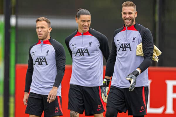 LIVERPOOL, ENGLAND - Tuesday, September 6, 2022: Liverpool's (L-R) Arthur Melo, Darwin Núñez and goalkeeper Adrián San Miguel del Castillo during a training session at the AXA Training Centre ahead of the UEFA Champions League Group A matchday 1 game between SSC Napoli and Liverpool FC. (Pic by David Rawcliffe/Propaganda)