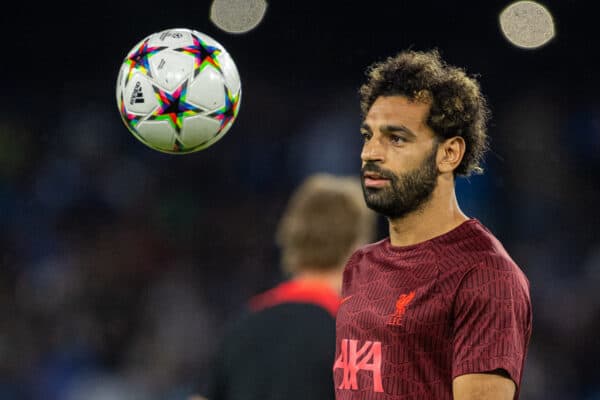 NAPLES, ITALY - Wednesday, September 7, 2022: Liverpool's Mohamed Salah during the pre-match warm-up before the UEFA Champions League Group A matchday 1 game between SSC Napoli and Liverpool FC at the Stadio Diego Armando Maradona. (Pic by David Rawcliffe/Propaganda)