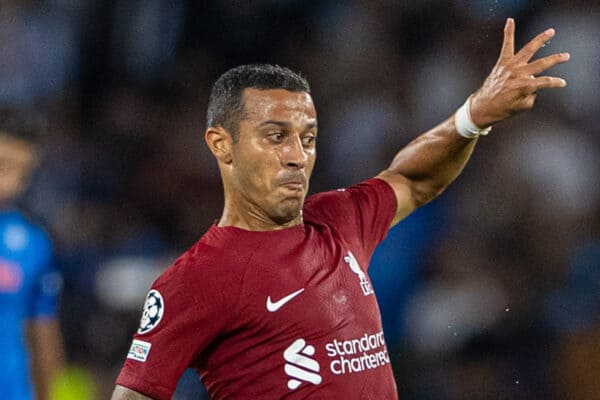 NAPLES, ITALY - Wednesday, September 7, 2022: Liverpool's Thiago Alcântara during the UEFA Champions League Group A matchday 1 game between SSC Napoli and Liverpool FC at the Stadio Diego Armando Maradona. (Pic by David Rawcliffe/Propaganda)